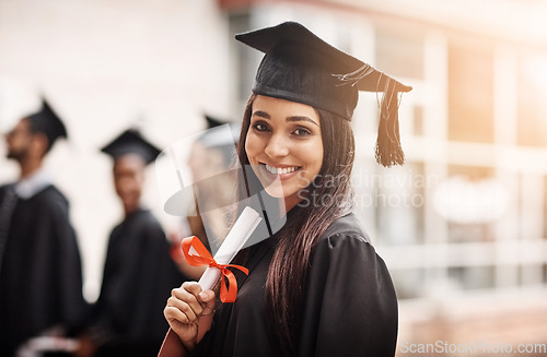 Image of Woman, graduation and portrait of a college student with a diploma and smile outdoor. Female person excited to celebrate university achievement, education success and future at school graduate event