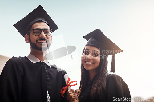 Image of Students, graduation and portrait of a college or university couple with diploma outdoor. Happy man and woman excited to celebrate education achievement, success and future at school graduate event