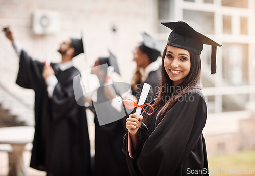 Image of Diploma, graduation and portrait of a woman or college student with a smile and pride outdoor. Female person excited to celebrate university achievement, education success and future at school event