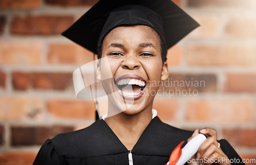 Image of Graduation, black woman and portrait of a college student laughing with a diploma outdoor. Female person or excited face celebrate university achievement, education success and future at school event