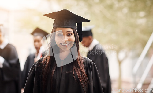 Image of Portrait, woman and student with graduation, university and achievement with qualification, degree and education. Face, female person or girl with success, graduate and certificate with a scholarship