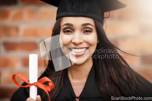 Image of College student, graduation and portrait of a woman with a diploma and smile outdoor. Face of excited female person with university achievement, education success and future at school graduate event