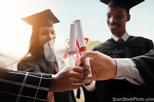 Image of Students, graduation and hands with diploma for college group with happiness and support outdoor. Men and women celebrate university achievement, education success and graduate certificate or future