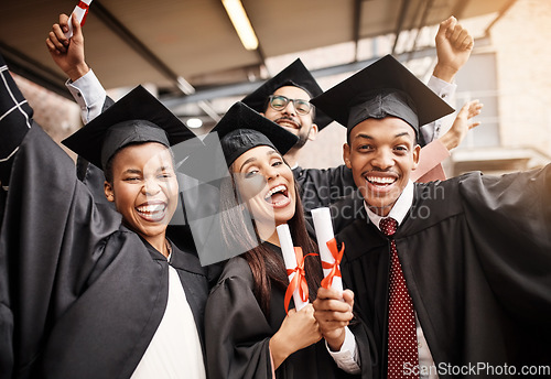 Image of Students, graduation and group portrait of college friends with a diploma and happiness outdoor. Diversity men and women excited to celebrate university achievement, education success and future