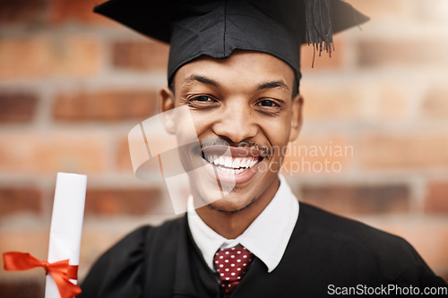 Image of Black man, graduation and face portrait of a university student with a diploma and smile outdoor. Male person excited to celebrate college achievement, education success and future at school event