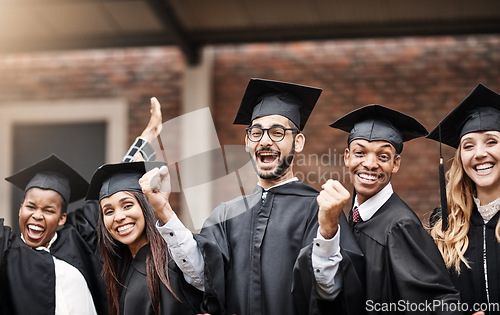 Image of Students, graduation and excited college group together to celebrate future. Portrait of diversity men and women happy for university achievement, education success and school graduate celebration