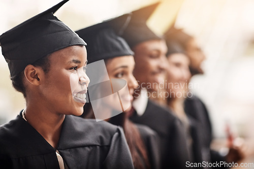 Image of Black woman, graduation and happy college student with a graduate group outdoor. Profile of men and women excited to celebrate university achievement, education success and future at school event