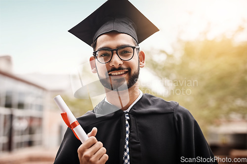 Image of Man, graduation and portrait of a college student with a diploma and happiness outdoor. Male person happy to celebrate university achievement, education success and future at school event as graduate