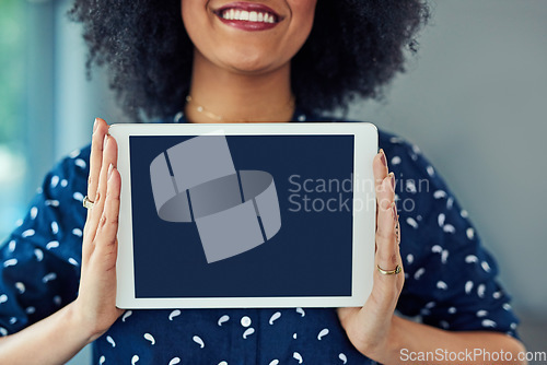 Image of Woman, hands and tablet screen with mockup space for website, internet and network promotion. Technology, blank display and digital advertising for logo, brand or app ux with a female model or user