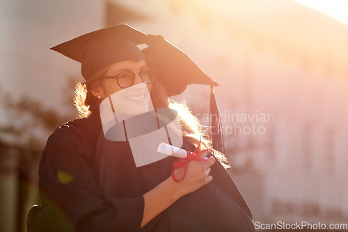 Image of Hug, students or friends at graduation for college or university achievement and congratulations. Women outdoor to celebrate education goals, success and future at school event with mockup and pride