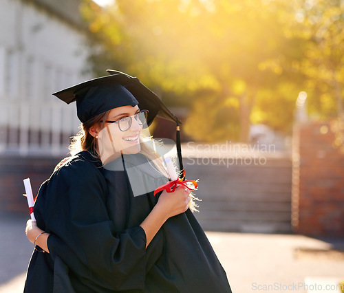 Image of Women, students and hug at graduation as college or university friends with achievement. Happy people outdoor to celebrate education goals, certificate of success or future at school event with pride