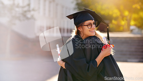 Image of Friends, students and hug at graduation for college or university achievement. Women outdoor together for congratulations or celebrate education goal, success and future at school event for graduates