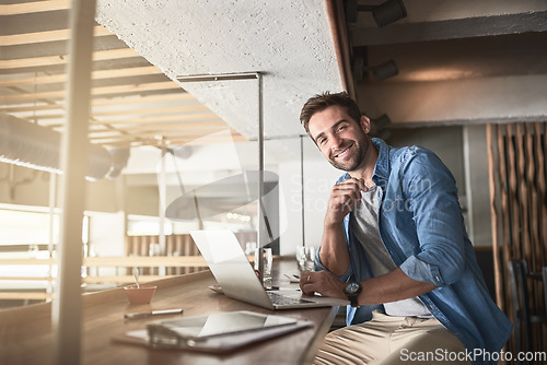 Image of Man in cafe, portrait with laptop and small business, entrepreneur in hospitality industry and connectivity. Happy male owner, coffee shop franchise and wireless connection with digital admin on pc
