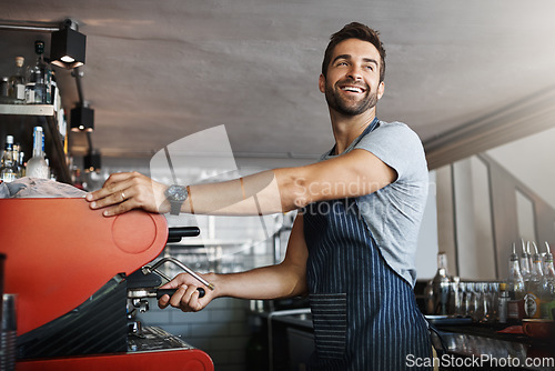 Image of Happy man cafe, coffee machine and barista, prepare caffeine drink with process and production in hospitality industry. Service, male waiter working on espresso or latter beverage in restaurant