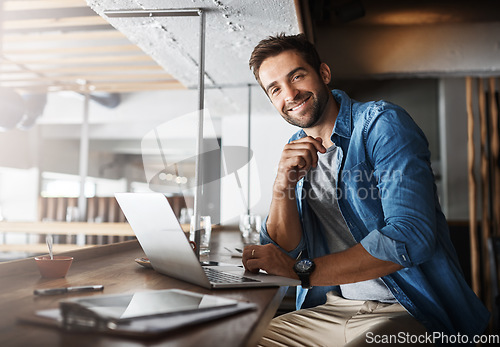 Image of Man in coffee shop, portrait with laptop and small business, entrepreneur in hospitality management and connectivity. Happy male owner, cafe franchise and wireless connection with digital admin on pc