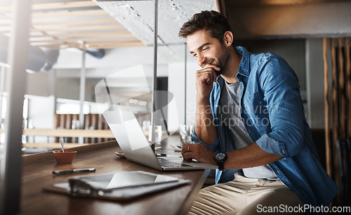 Image of Man in coffee shop, laptop and small business owner, entrepreneur in hospitality management and connectivity. Happy male professional, cafe franchise and wireless connection with digital admin on pc