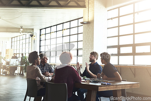 Image of Meeting, strategy and planning with business people in digital agency for project management, idea and brainstorming. Discussion, commitment and partnership with employees for review and startup