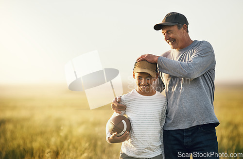 Image of Father, son and rugby ball in a countryside field for bonding and fun in nature. Mockup, dad and young child together with happiness and smile ready to start American football game outdoor on farm