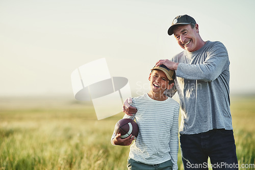 Image of Father, kid fun and rugby portrait in a countryside field for bonding in nature. Mockup, dad and young boy child together with happiness and smile ready to start game outdoor on farm with space