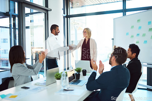 Image of Congratulations, handshake and professional with support at a meeting for teamwork and collaboration at a company. Business people, applause and presentation with success for agreement in office.