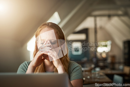 Image of Headache, woman and employee with stress, frustration and mental health issue, crisis and anxiety. Female person, girl and entrepreneur with a deadline, migraine or burnout with depression or mistake