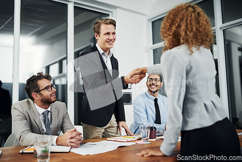 Image of Professional, meeting and welcome an employee for recruitment after an agreement at the office. Hr, business and hiring staff with hand shake for a collaboration during an interview at a workplace.