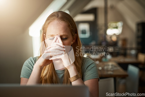 Image of Business, woman and entrepreneur with stress, burnout and anxiety with a deadline, new project and worried. Female person, agent and girl with crisis, health issue and depression with frustration