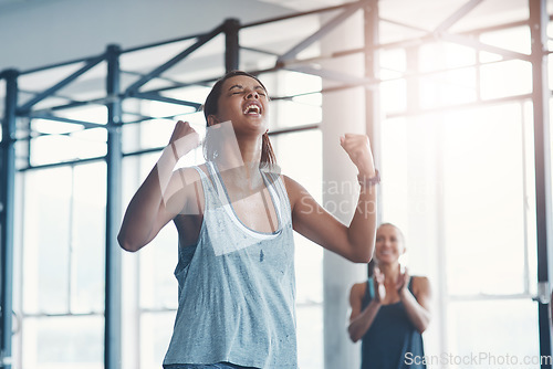 Image of Fitness, challenge and woman with achievement, celebration and exercise with balance. Female person, athlete or girl with workout progress, performance or training with happiness or healthy lifestyle