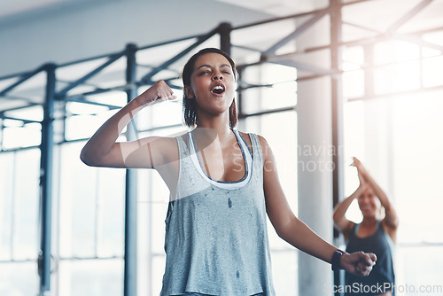 Image of Fitness, celebration or woman with progress, training or happiness for challenge, achievement or workout goal. Female person, athlete or girl cheering, winning or performance with a healthy lifestyle