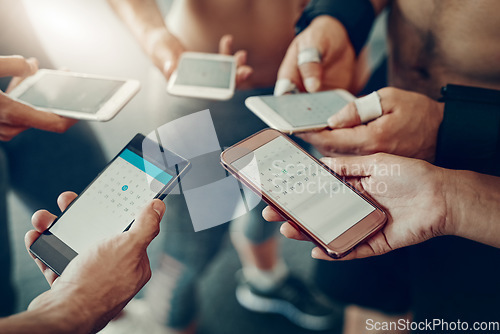 Image of Group, hands and phone screen for fitness app, communication and internet connection. Men and women together with tech for website ux, cloud and networking or social media for exercise goals