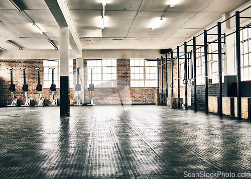 Image of Empty gym, health club and floor for equipment, training and health in open room for fitness, workout or sport. Modern interior, space and background for sports, exercise and healthy lifestyle