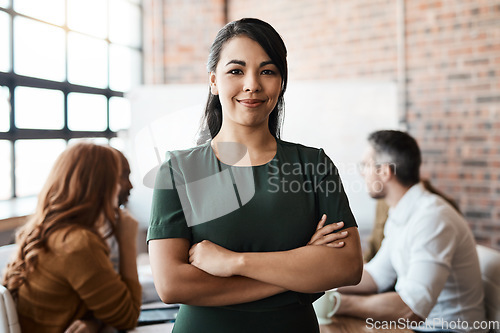 Image of Portrait, office meeting and business woman with arms crossed in company workplace. Face, confidence and happy female leader, professional and person with pride for career, job and success mindset.