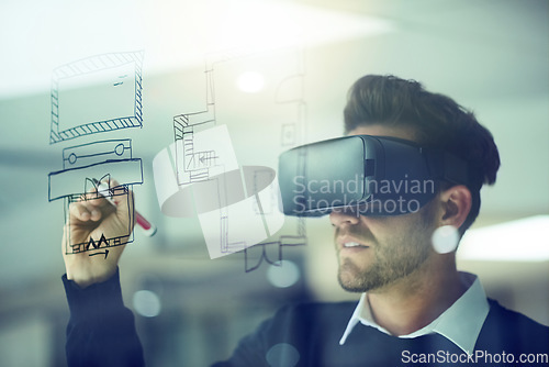 Image of Architect, drawing and virtual reality for planning, blueprint on wall and design innovation for future construction project. Man, architecture technology and working with vr headset for house plan