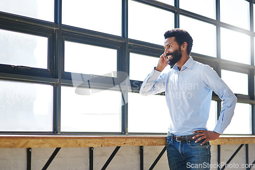 Image of Window, phone call and a happy business man thinking in the office with a smile or mindset of future success. Idea, vision and communication with a male employee talking at work during his break