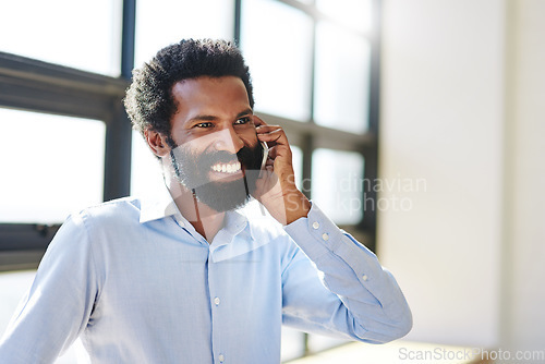 Image of Thinking, smile and phone call with a business man at work for communication or negotiation. Idea, mobile contact and chatting with a happy male employee networking in the workplace during his break