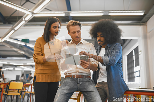 Image of Business people, startup group and tablet with talk, planning and brainstorming together in modern office. Leader man, touchscreen and teamwork for reading, focus or consulting at web design company