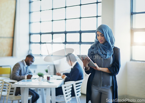 Image of Business, Islamic woman and employee with a tablet, online reading and feedback with review and email. Muslim female person, consultant and administrator with technology, connection and website info