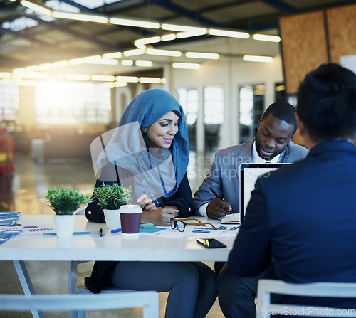 Image of Diversity, business meeting with colleagues planning and discussing in office together with lens fare. Communication, teamwork or collaboration and coworkers at workshop at desk brainstorming