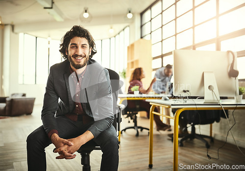 Image of Smile, confidence and portrait of man in modern office, creative tech business project and entrepreneur at design agency. Confident boss with creativity, ideas and focus, businessman with start up.