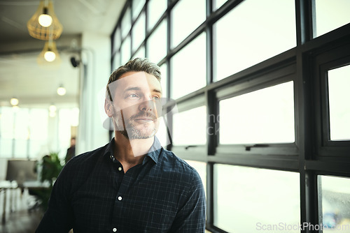 Image of Thinking, ideas and face of man at office window, creative startup and business project for entrepreneur at design agency. Boss with creativity, job idea and focus, businessman with plan in workplace