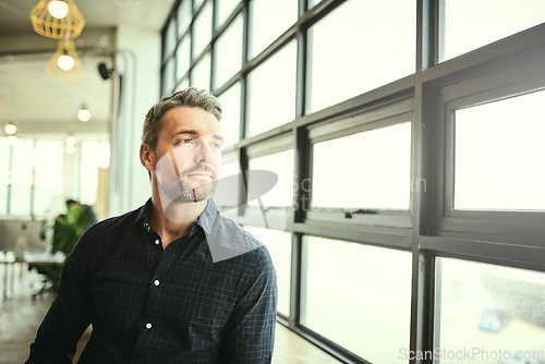 Image of Thinking, ideas and man at office window, creative startup and business project for entrepreneur at design agency. Proud boss with creativity, job idea and focus, businessman with future in workplace