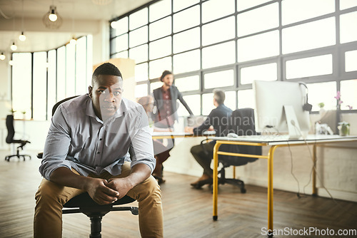 Image of Boss, chair and portrait of black man at office, startup entrepreneur with creative ideas for business project. Leader with creativity, idea and African businessman with plan at tech design workspace