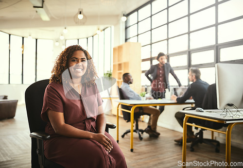 Image of Portrait of happy woman in office, startup boss at creative agency and leader in business project at design studio. Female entrepreneur with creativity, ideas and happiness, ceo in happy workplace.