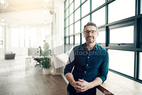 Image of Thinking, ideas and portrait of man at office window, creative startup and business project for entrepreneur at design agency. Proud boss with creativity, idea and focus, businessman in workplace.