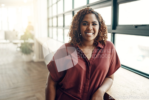 Image of Confidence, portrait and happy woman at office window, creative startup and business project for female entrepreneur. Leadership, creativity and focus, businesswoman boss in workplace with happiness.