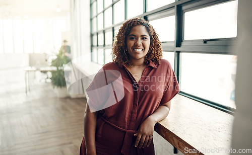 Image of Business, smile and portrait of woman at office window, creative startup and project for entrepreneur at design agency. Proud boss with creativity, job ideas and focus, businesswoman in workplace.