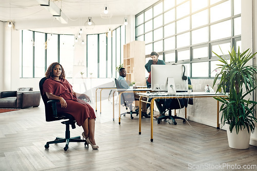 Image of Portrait, pride and black woman in chair at office, boss with creative ideas for project or entrepreneur at design agency. Leader with creativity, idea and African businesswoman with pride at work.