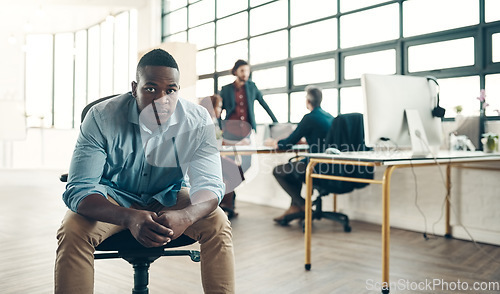 Image of Portrait of black man, leadership and startup entrepreneur boss with creative ideas for business project. Leader with creativity, ideas and African businessman with pride in designer tech workspace.