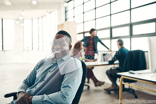 Image of Portrait of black man with smile at office, creative startup entrepreneur with ideas for business project. Leader with creativity, ideas and happy African businessman with plan in designer workspace.