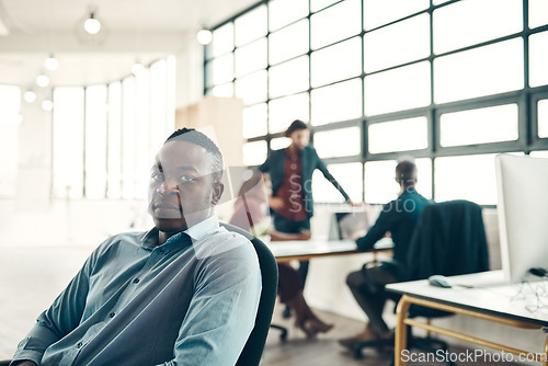 Image of Portrait of black man at office, boss and startup entrepreneur with creative ideas for business project. Leader with creativity, ideas and African businessman with plan in designer tech workspace.